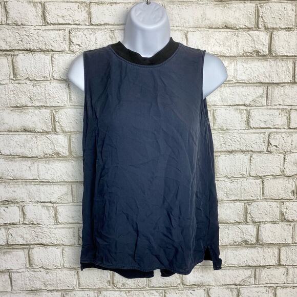 Theory Blouse Klimora Silk Top Button Crew Neck Sleevless Navy Blue Black S - Picture 2 of 6